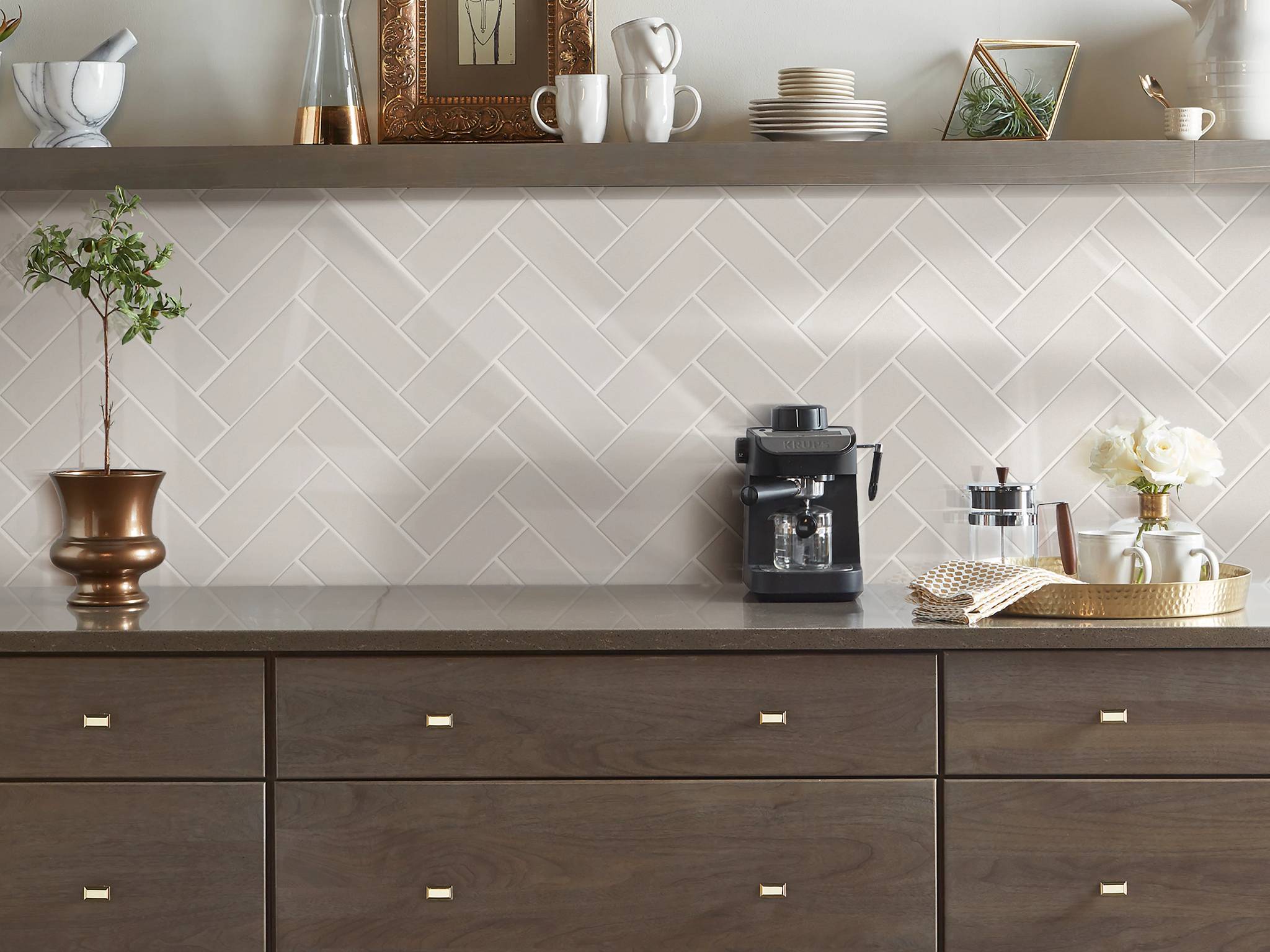 Style - Grandeur Herringbone Gloss,  Color - WARM GREY - Room Scene