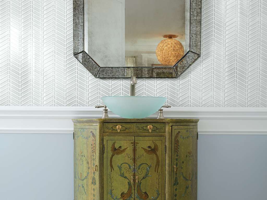 Cardinal Chevron Glass Mosaic Tile & Stone - Ice Room Scene Image