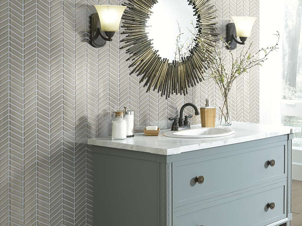 Cardinal Chevron Glass Mosaic Tile & Stone - Mist Room Scene Image
