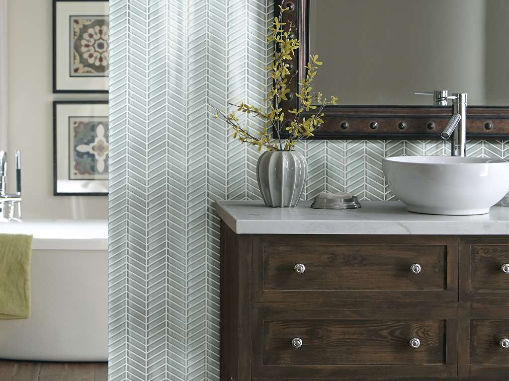 Cardinal Chevron Glass Mosaic Tile & Stone - Cloud Room Scene Image