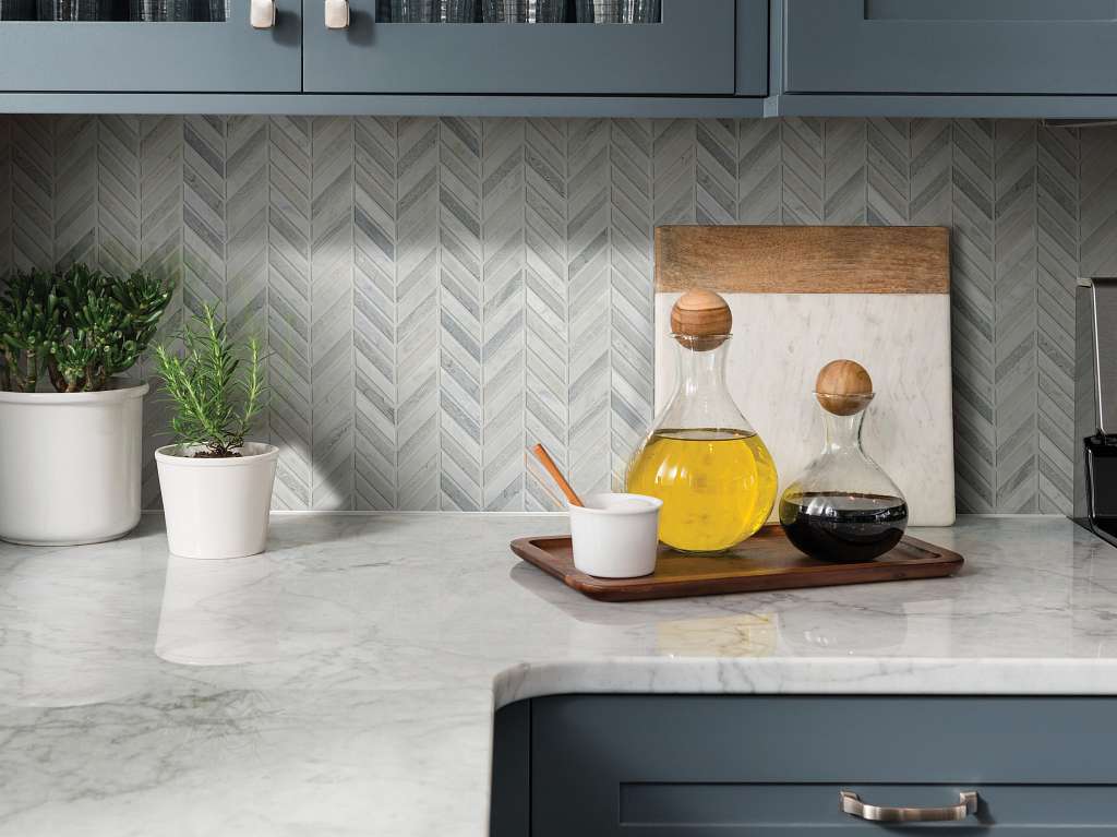 Chateau Chevron Mosaic Tile & Stone - Biancocarrara/blue Grigio Room Scene Image