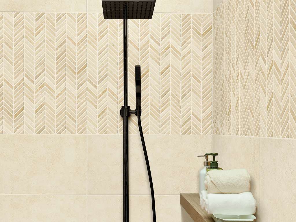 Chateau Chevron Mosaic Tile & Stone - Crema Marfil Room Scene Image