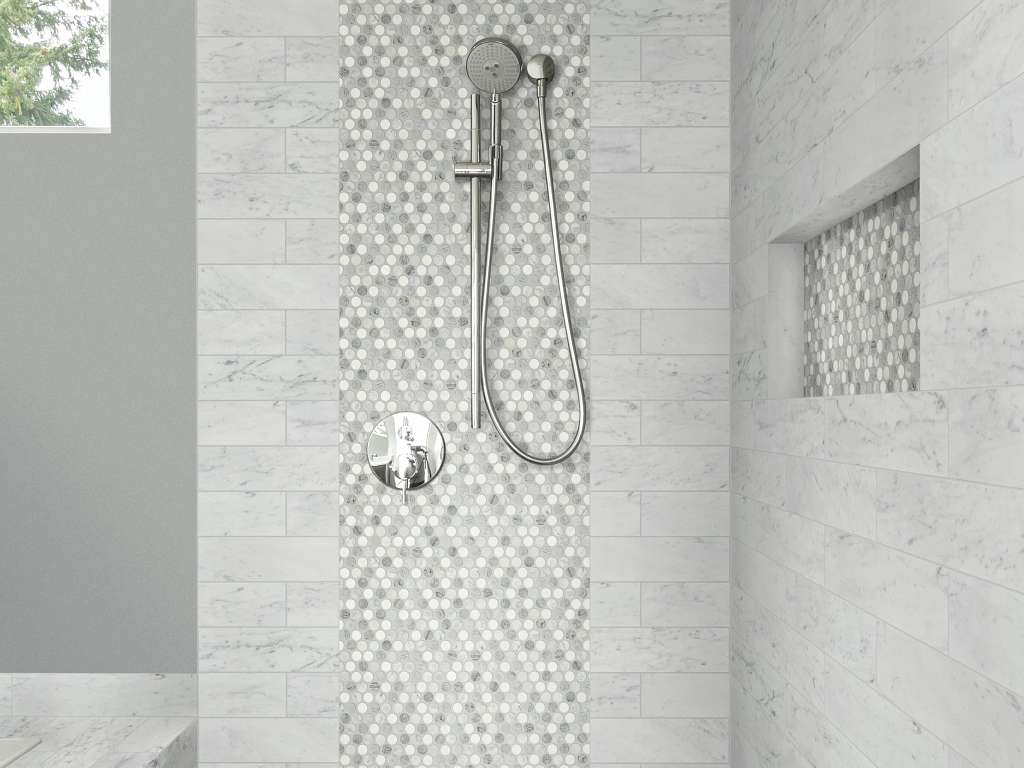 Chateau Penny Round Mosaic Tile & Stone - Bian/carr/blu Grigio Room Scene Image