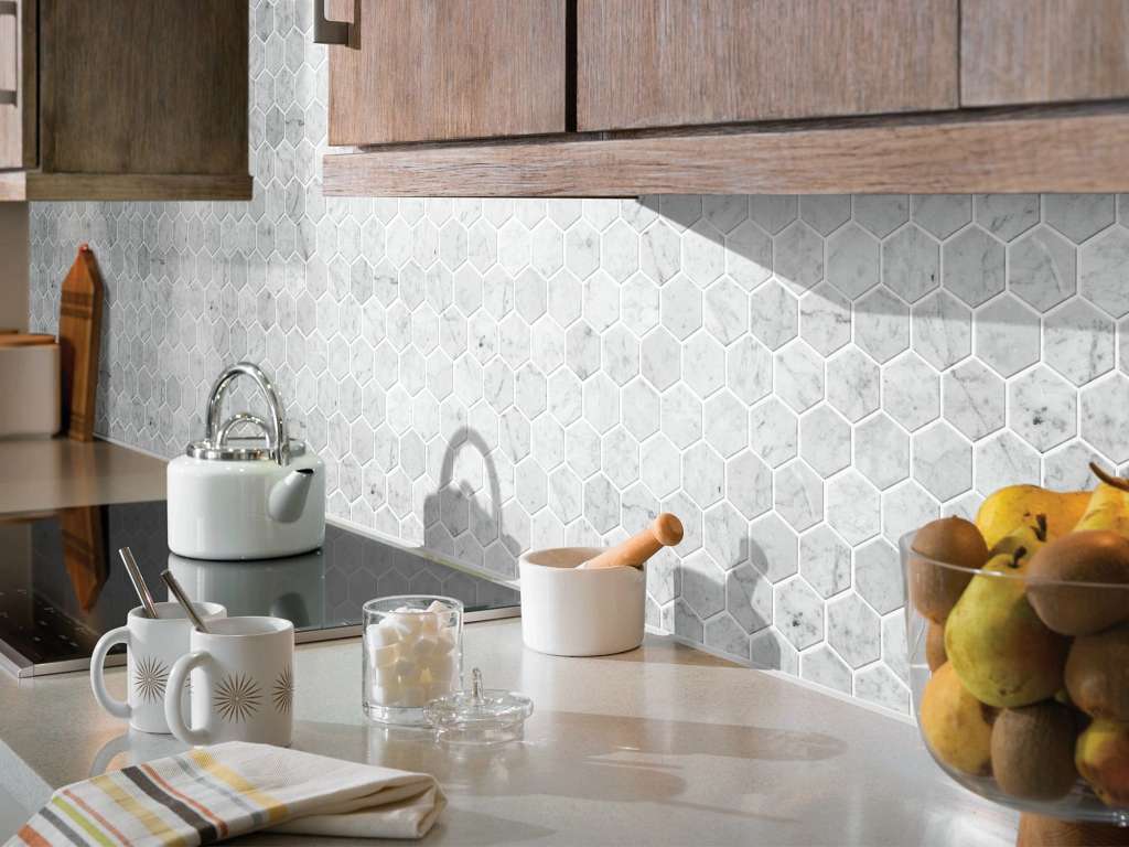 Chateau Hexagon Mosaic Tile & Stone - Bianco Carrara Room Scene Image