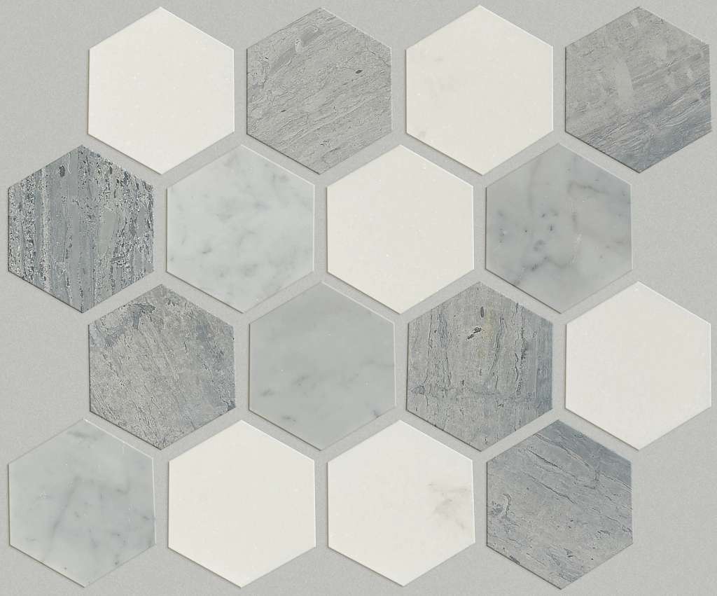 Chateau Hexagon Mosaic Tile & Stone - Bianco C Blue G  Swatch Image 