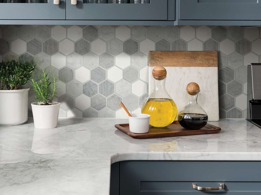 Chateau Hexagon Mosaic Tile & Stone - Bianco C Blue G Room Scene Image