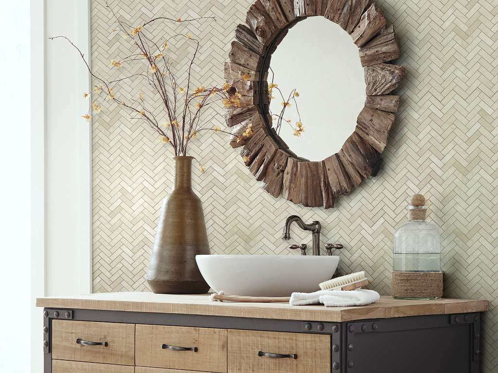 Chateau Herringbone Mosaic Tile & Stone - Crema Marfil Room Scene Image