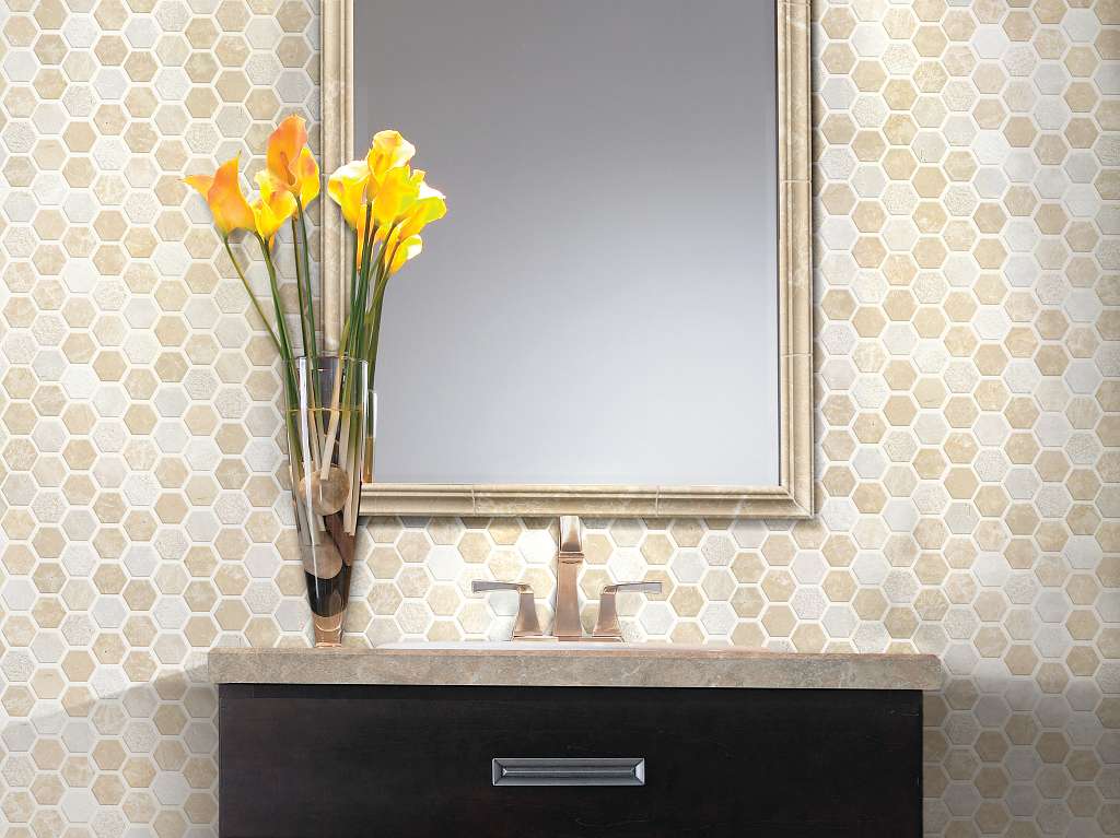 Boca Hexagon Textured Mosaic Tile & Stone - Coastal Room Scene Image