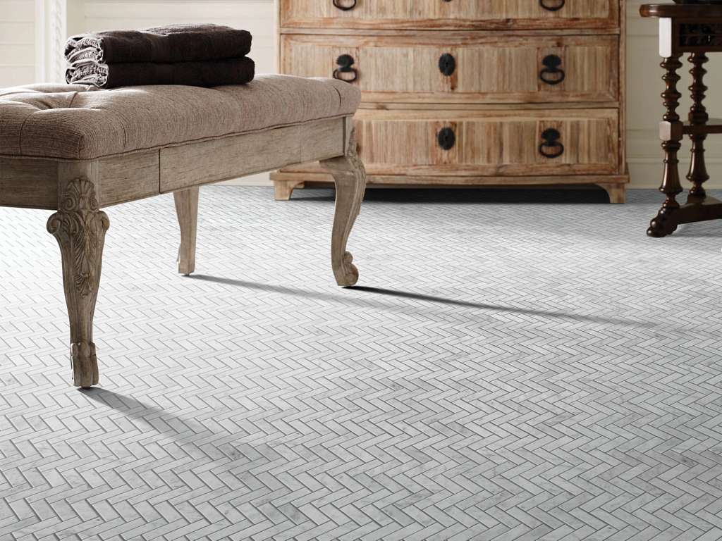 Pearl Herringbone Mosaic Tile & Stone - Bianco Carrara Room Scene Image