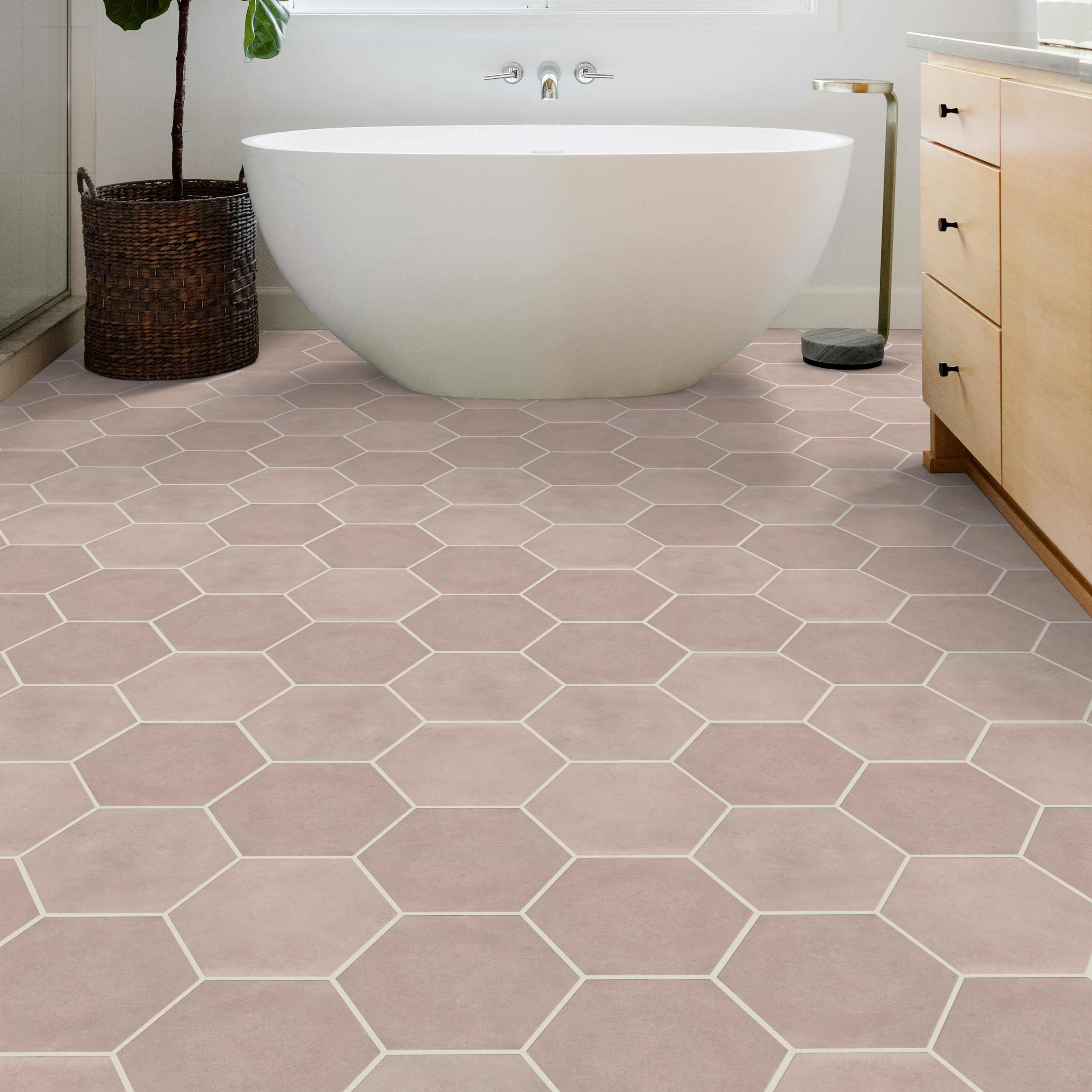 Gray Hexagonal Bathroom Tile By Shaw Builder TG87G 00800 next to a white tub